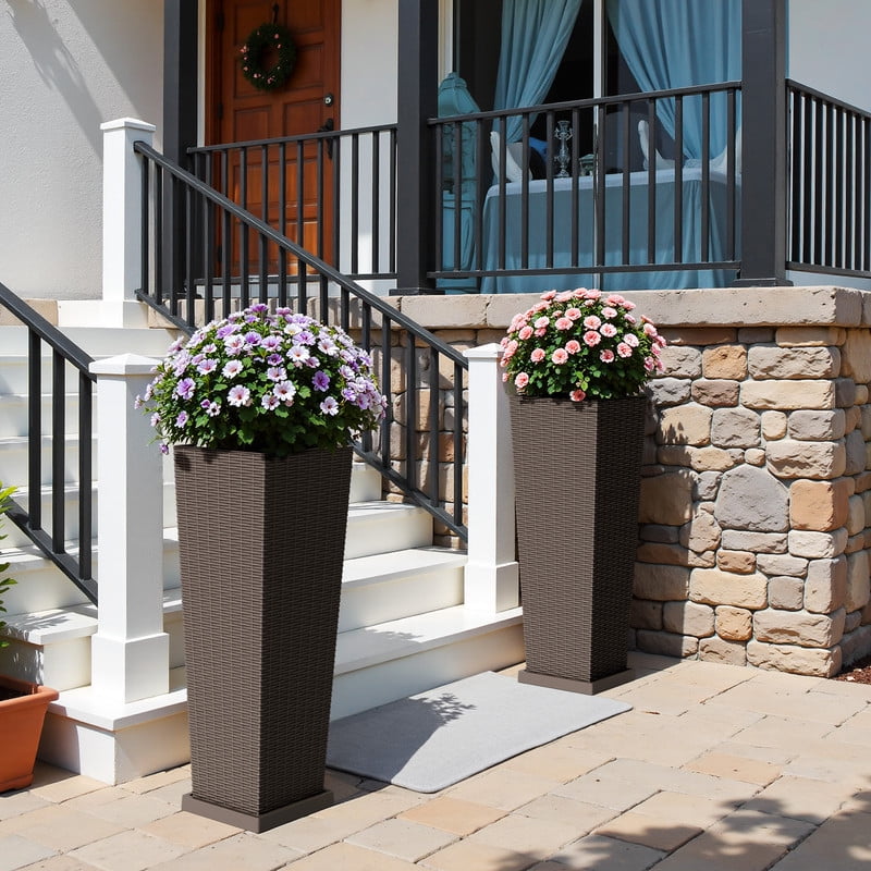 Homall 2-Pack 32" Tall Outdoor Plastic Planters with Inside Pots, Drainages and Trays, Rattan - Patterned for Patio Decor