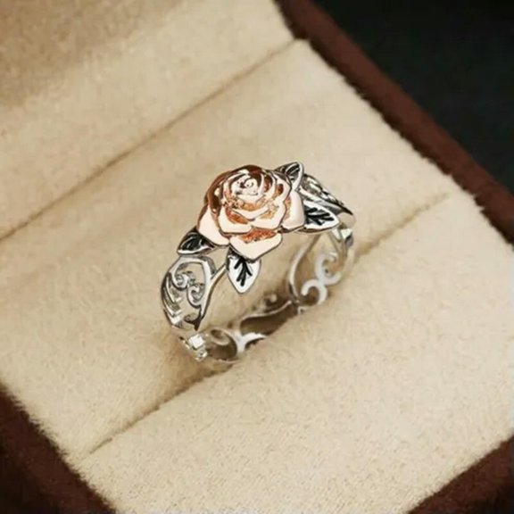 MATROOY Fashion Silver Rose Flower Rings Women Party Jewelry Gift Rings Lot Size5-10-2#Gold Rose Flower-9
