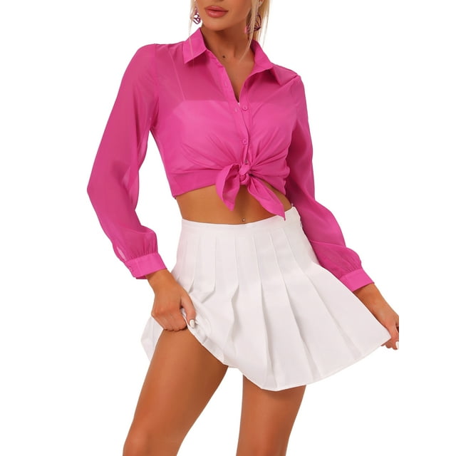 INSPIRE CHIC Women's Shirt Mesh Sheer Point Collar Long Sleeve Button Down Shirt XS Hot Pink