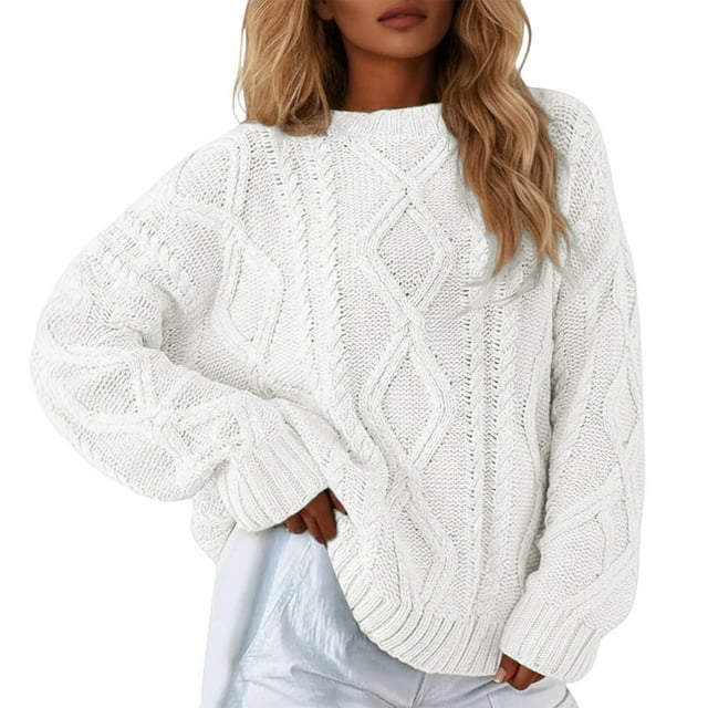 MIASHUI Tricot Décontracté Ample Couleur Unie Automne Hiver Col Rond, Fil Épais pour Femmes Blanc, TG