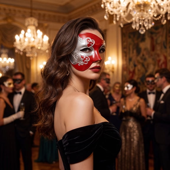 Masquerade Mask Red Silver 8 Inch Half Face Venetian Style Halloween Party Accessory for Masquerade Events Themed Gatherings, 1 Pack