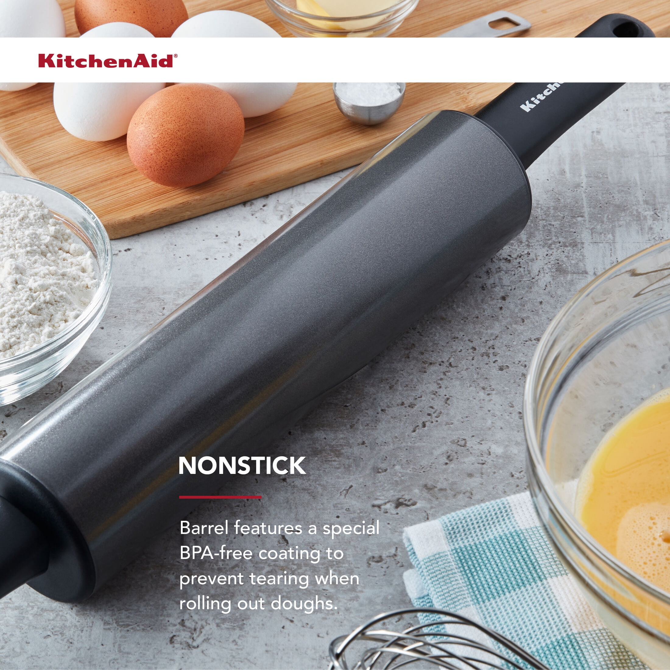 KitchenAid Nonstick Steel 20.1" Rolling Pin Dough Roller, Black