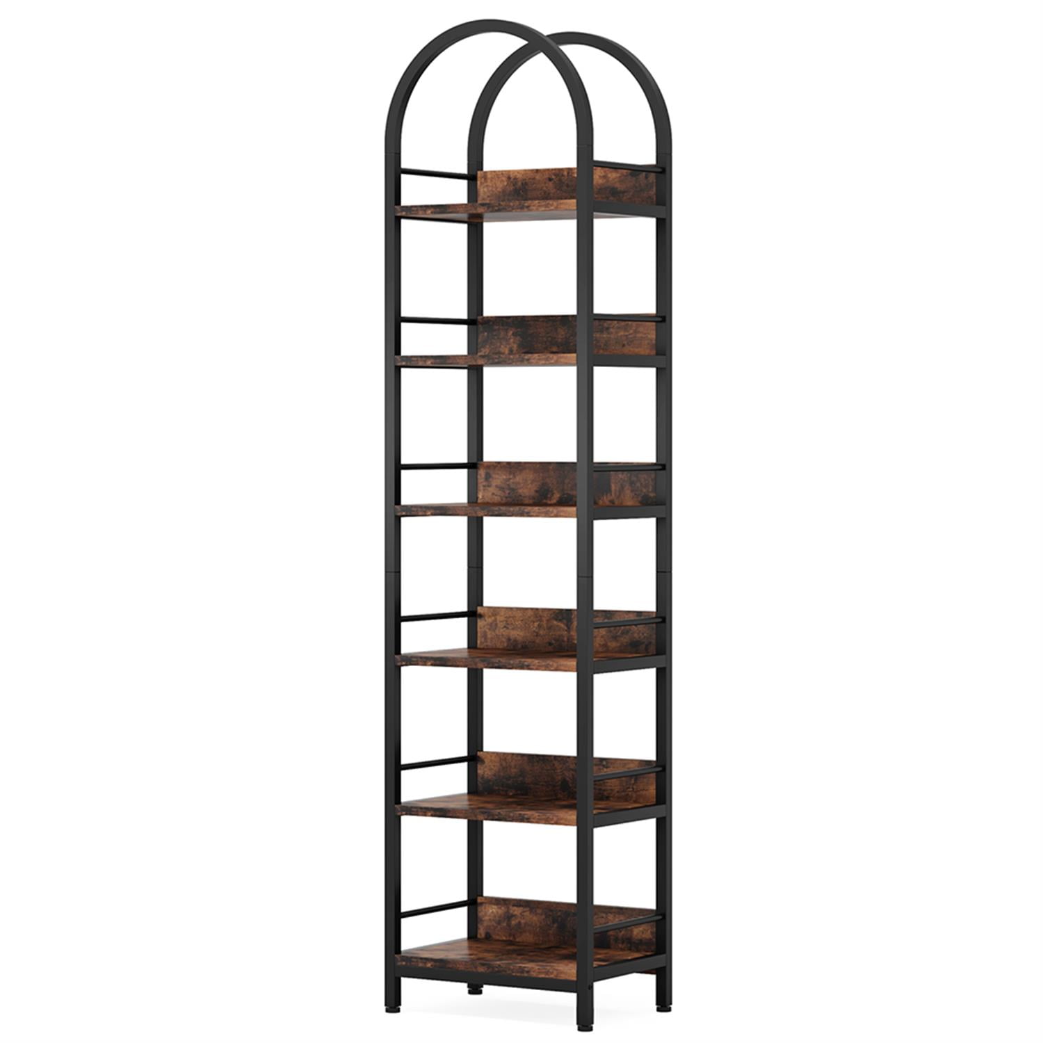 Demi Bonn 6 Tier Narrow Bookshelf, Wood and Metal Bookcase Storage Organizer, Arched Display Standing Shelf Unit for Bedroom, Living Room, Brown