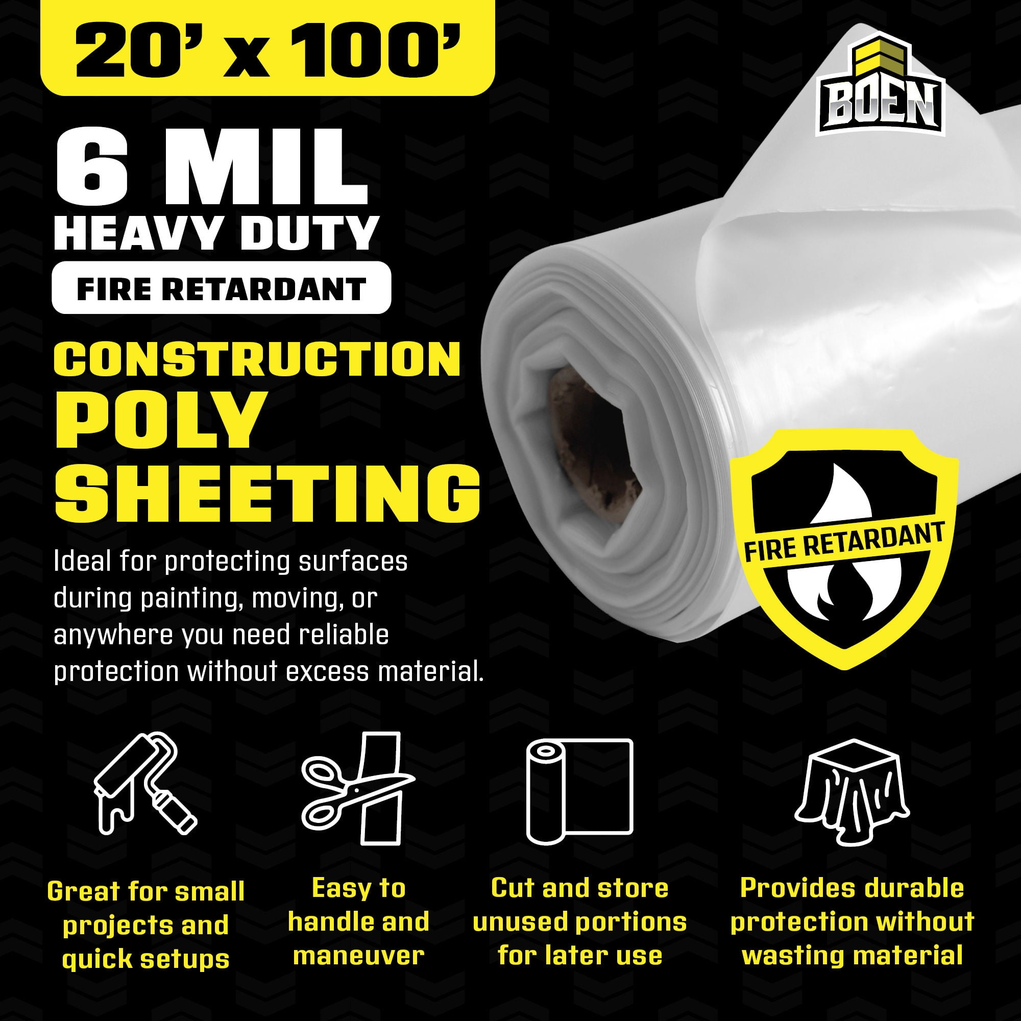 Boen FR Clear Poly Sheeting 10' x 100' 6 Mil Heavy-Duty Fire-Retardant Plastic, Vapor Barrier for Crawl Space & Slab, Construction Containment