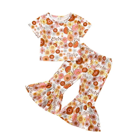 

Musuos Toddler Girl 2Pcs Fall Outfits Short Sleeve Floral Letter Print T-Shirt + Flare Pants Set