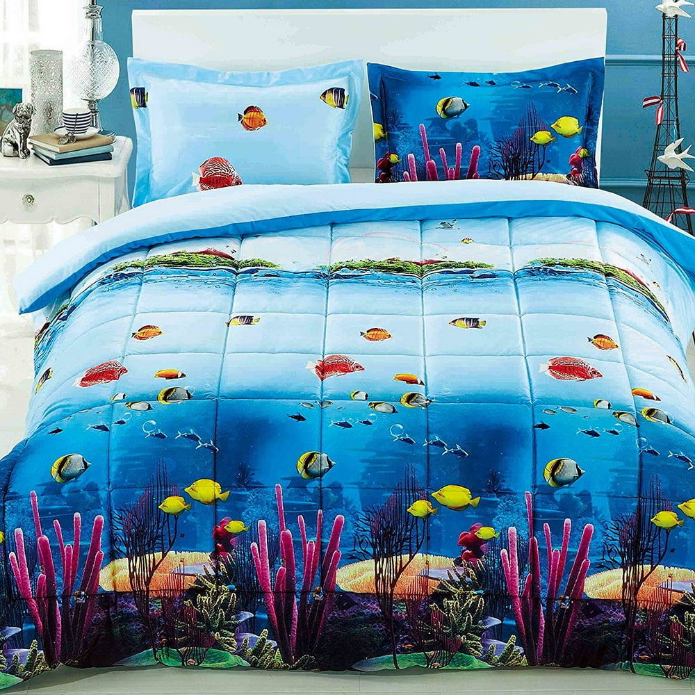 Tropical Fish 3D Beach Theme Colorful Queen Comforter Set (3 Piece Bed