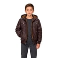 thumbnail image 2 of Heting Boys Faux Leather Motorcycle Jacket with Removable Hood Warm Fleece Lining Windproof PU Bomber Coat for Fall Winter Burgundy 4-5, 2 of 9