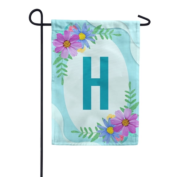 America Forever Spring Monogram Garden Flag Letter H 12.5 x 18 inches Double Sided Vertical Outdoor, Yard, Lawn, Pink and Blue Flowers, Cosmos, Leaves, Summer Flower Garden Flag