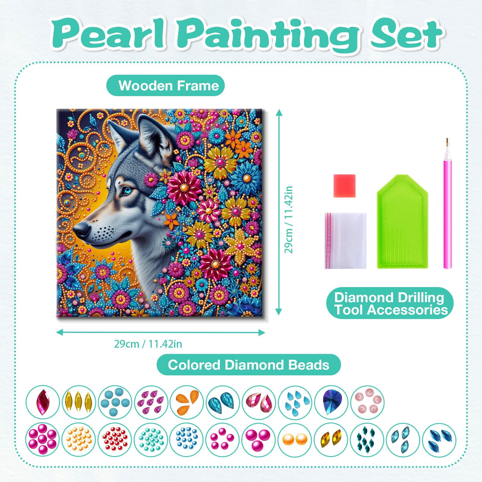 FLOPESN DIY Pearl Painting Kit with Wood Frame, 11.42x11.42 Inch Home Wall Art Decor, Mindful Adult Craft for Stress Relief and Relaxation-Wolf