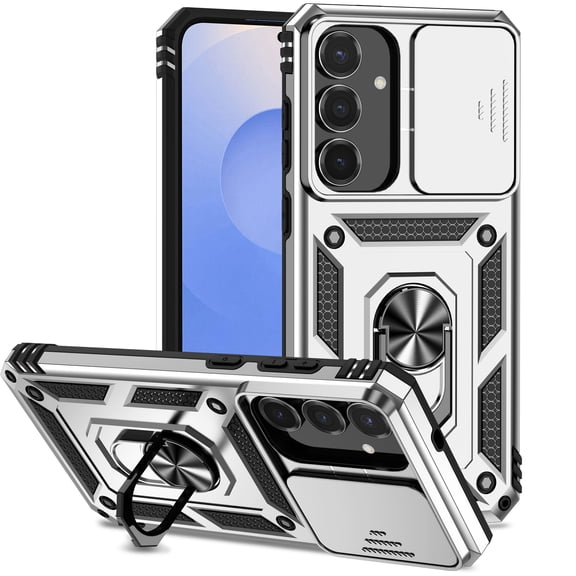 for Samsung Galaxy S25 FE Case, Soft TPU & Hard PC Anti-scratch Sliding Cover Full Protection Ring Stand Rotating Kickstand Holder Magnetic Shockproof Phone Case Cover for Galaxy S25 FE,Silver