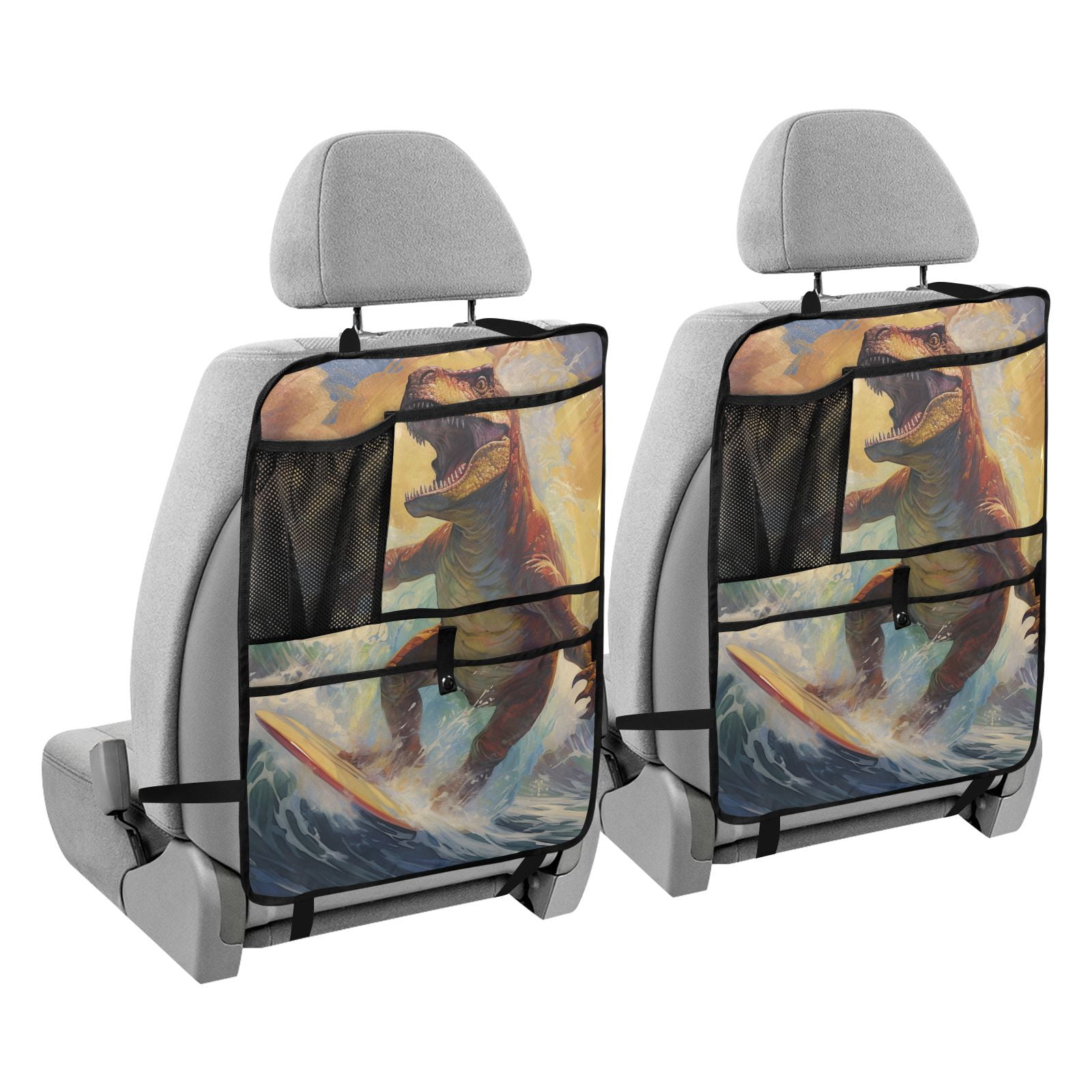 Dinosaur surfing epic wave ride(13) Car Seat Back Kick Protectors,4 Pack Kick Mats with Storage Pockets for Vehicles to Protect from Dirt, Mud & Scratches