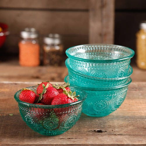 The Pioneer Woman Adeline 4-Piece 13-Ounce Embossed Glass Bowl Set, Teal