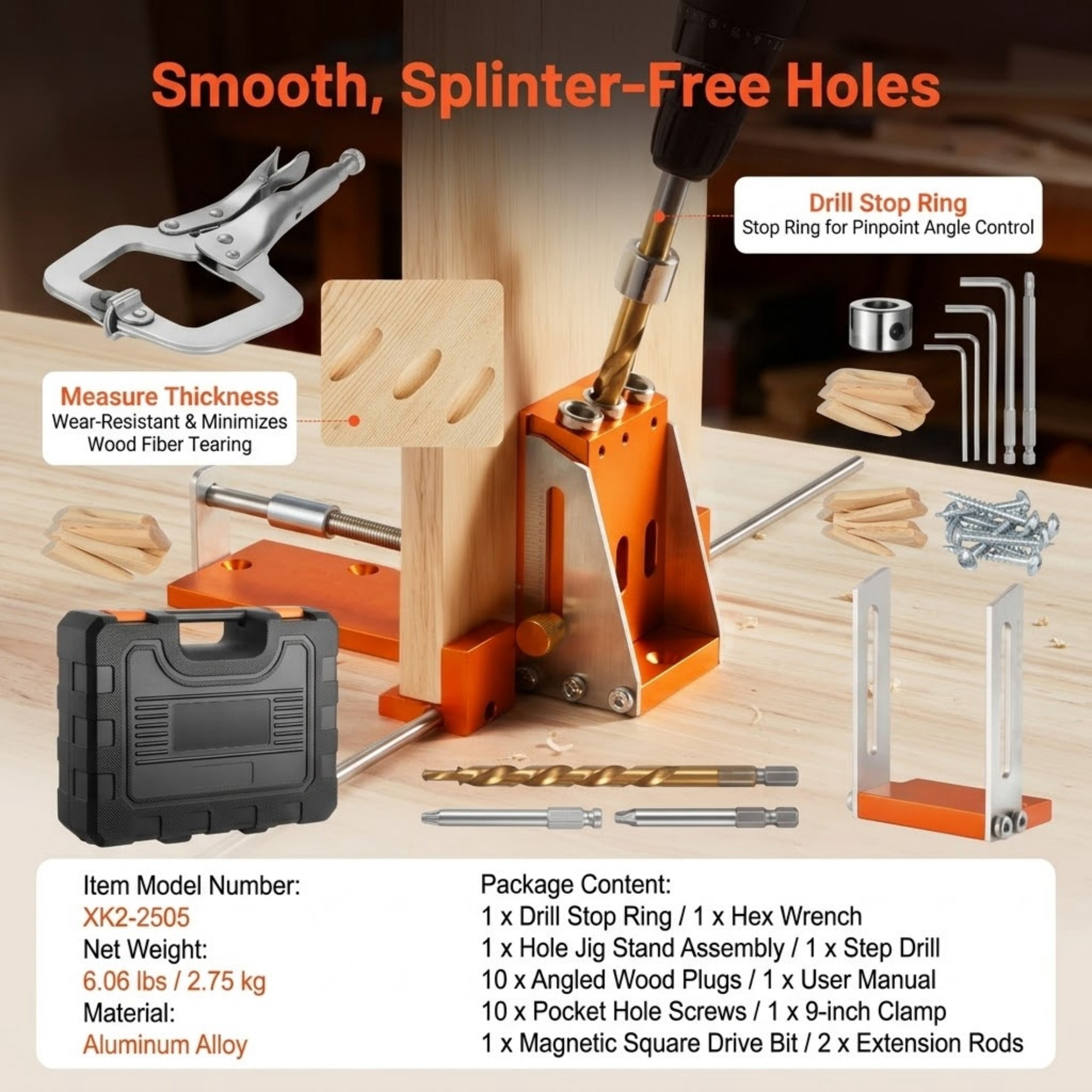 Pocket Hole Jig Kit, Adjustable 1/2" to 1-1/2" Woodworking Drill Guide System with Reinforced Metal Frame, Includes C-Clamp, Step Drill Bit and Toolcase
