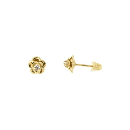 Beauniq 14k Yellow Gold Clear Cubic Zirconia Rose Flower Child 14k Yellow Gold Clear Cubic Zirconia Rose Flower Child Safe Back Stud Earrings