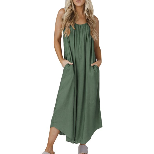 Gibobby pantalones siameses Mono informal de verano con bolsillo de algodón para mujer, mono holgado sin mangas de Color sólido a la moda con tirantes, mono holgado para mujer(Verdinegro, S)