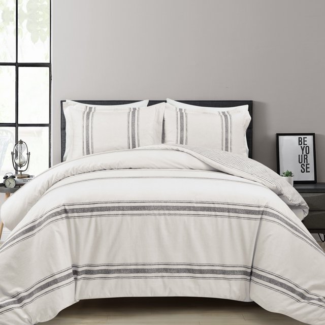 Juego de funda n髍dica a rayas Farmhouse gris de 3 piezas, tamaño king Lush Decor 16T005985
