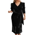 thumbnail image 1 of Robe Midi Moulante en Velours pour Femmes Couleur Unie Col en V Robe à Manches Longues Soirée, 1 of 5