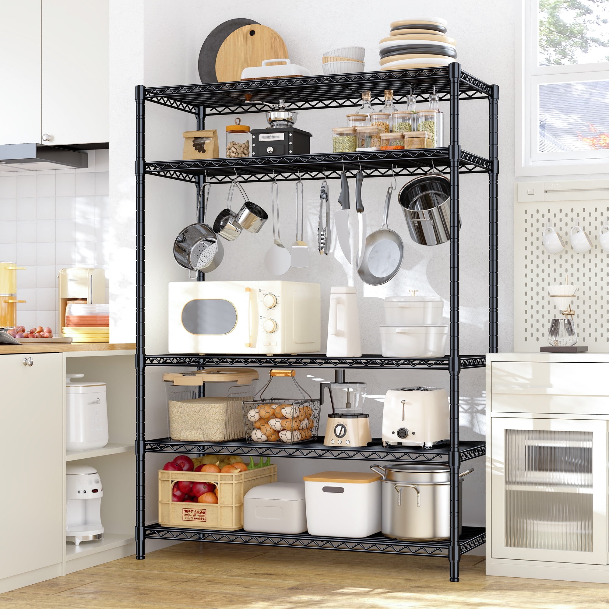 REIBII 71"H Wire Shelving Storage Shelves Metal Shelves for Storage,35.4"Wx13.7"D,Adjustable 5-Tier Garage Shelving Heavy Duty Storage Rack Pantry Shelf Kitchen Shelving,Black
