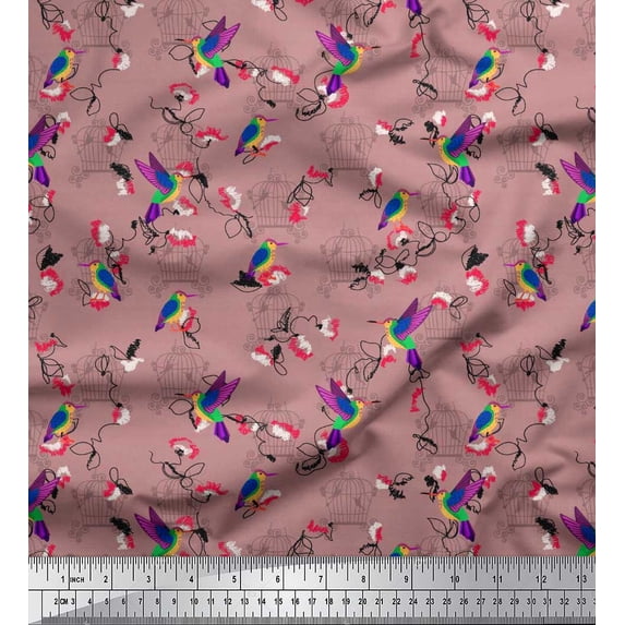 Soimoi Pink Cotton Poplin Fabric Cage & Humming Bird Print Sewing Fabric Yard 42 Inch Wide
