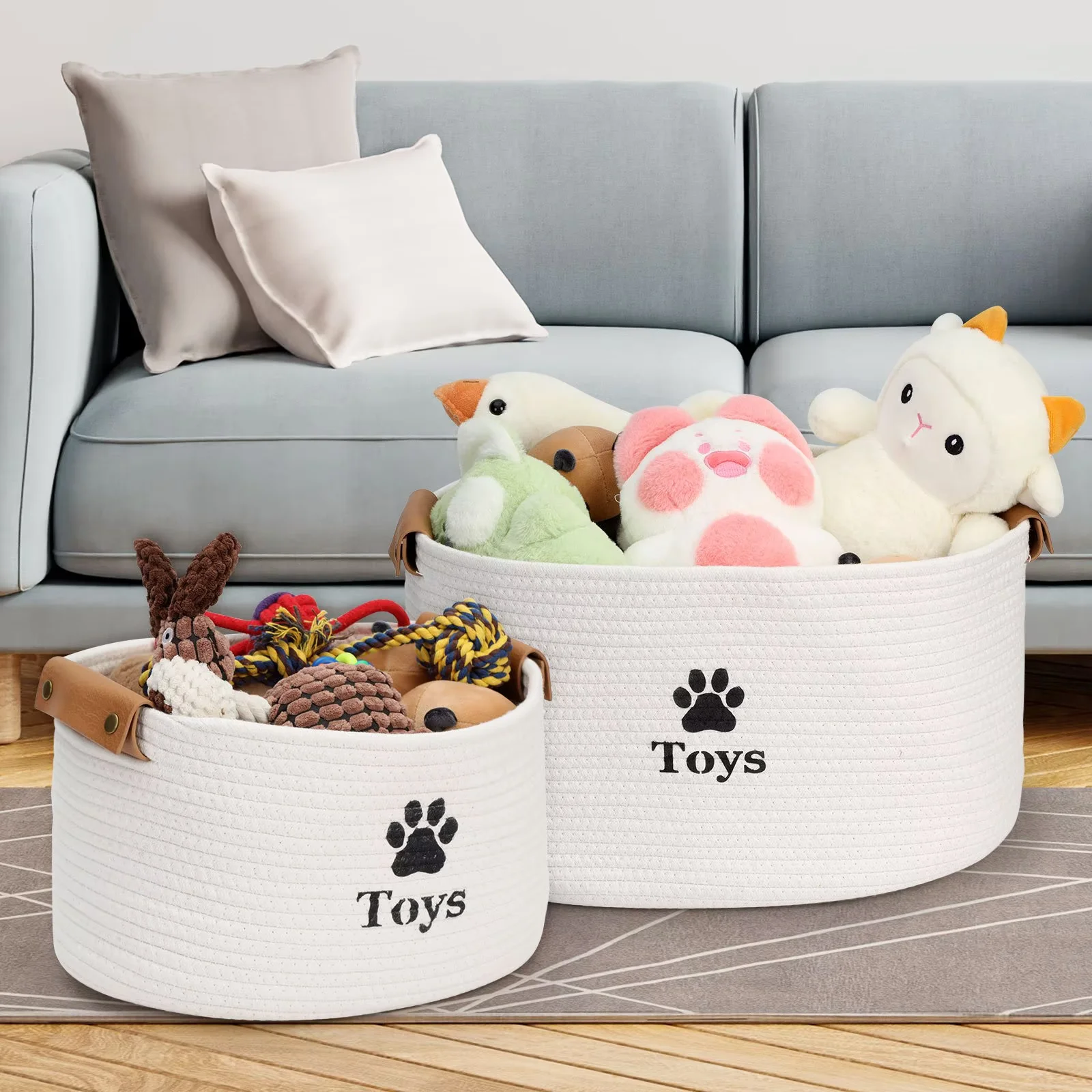 Jumpress Dog Toy Basket, Quality Cotton Rope Dog Toy Storage with Handle, Durable Toy Bin Box for Dog/Cat/Pet Toys, Accessories, Blanket & Leash (#3 Beige-Small, 13’’x9’’x7.5’’)