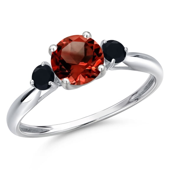 Gem Stone King 10K White Gold Red Garnet and Black Onyx 3-Stone Ring for Women | 1.20 Cttw | Round 6MM | Gemstone January Birthstone | Size 8