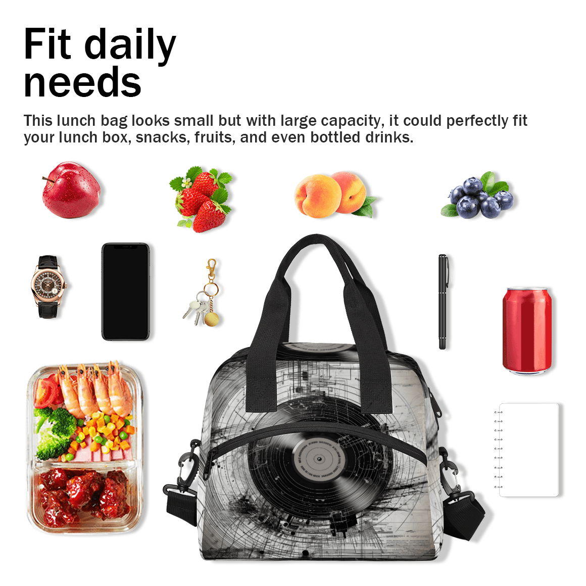 Herdesigns Retro Music Insulated Lunch Bag for Women Men Adults Large Reusable Lunch Box Music Records Leakproof Cooler Tote Bags with Adjustable Shoulder Strap