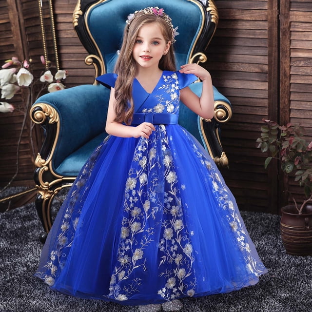 EGNMCR Vêtements pour Bébé Fille Robe Enfants Robe Sans Manches Princesse Nœud Papillon Dentelle Fleurs Robe en Tulle Robe Capitonnée