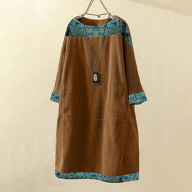 Styesk Robes pour Femmes Grande Taille Mode Femmes Manches Longues Velours Côtelé Imprimé Poches Robe Décontractée