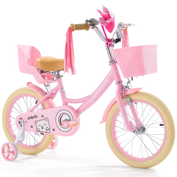 VEVOR Kids Bike, 16 Inches Princess Style Children Bicycle with Streamers & Basket, Rider Height 3.28 ft - 4.27 ft,Doll Seat & Training Wheels Included, Toddler Bike for Girls Learning to Ride,Pink
