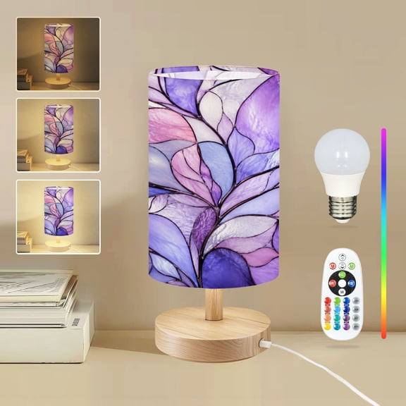 16-Color Dimmable Table Lamp for Bedroom, Purple Stained Glass Vibrant decorative design artistic Nightstand Lamp with Wood Base Fabric Shade, Gifts for Nursery Living Room Reading Room