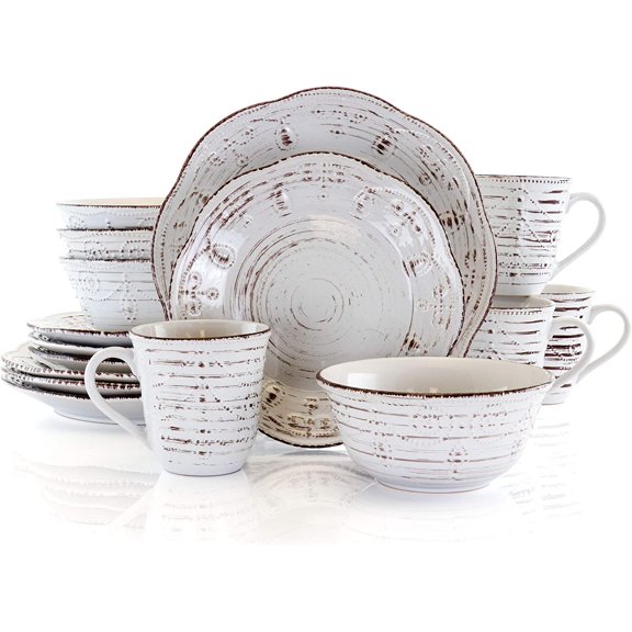 Mojitor Rustic Birch 16 Piece Embossed Scalloped Stoneware Round Dinnerware Set in White with Brown Accents