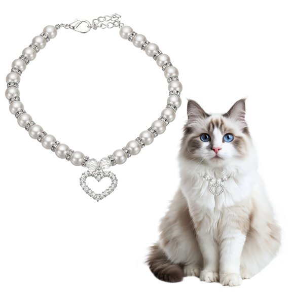 Uxcell Cat Collar Pearl Necklace, 14 Inch Dog Pearl Necklace Collar with Heart Rhinestone (White, L) for Puppies/Dogs Cats