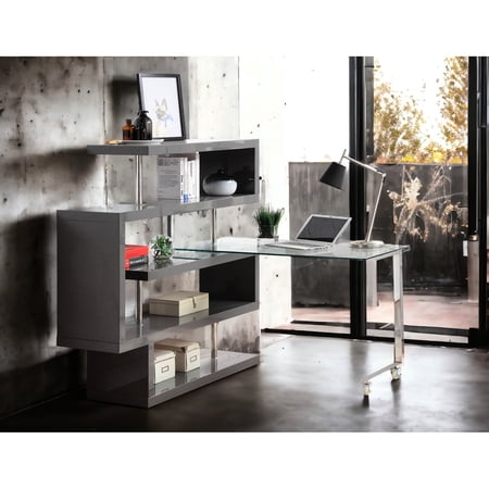 Fashionable Writing Desk With Clear Glass Tabletop & 4 Shelf Storage Space Functional Construction And Gray Finish