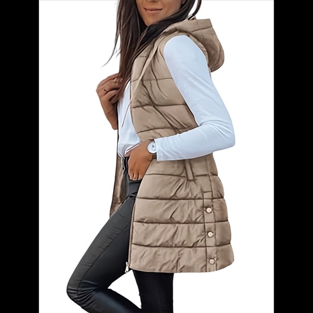 Chaleco para Mujer, Color Liso, Sin Mangas, con Capucha, para Invierno, Abrigo Acolchado. Caqui XXL