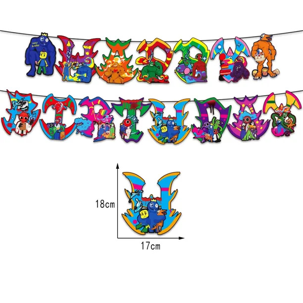 Serie Rainbow Friends, pancarta desechable para fiesta, adorno para tarta, bandera colgante, globos estilo Rainbow Friends, decoración para tarta de cumpleaños