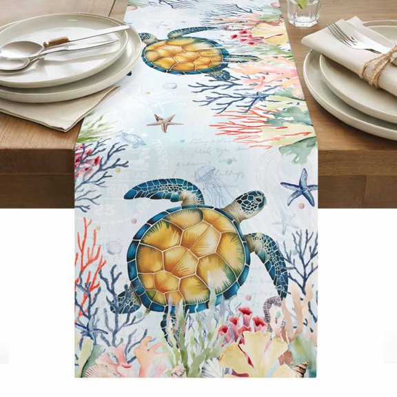 Coastal Sea Turtle Table Runner - 90 Inch Long, Kitchen Dining Table Runner Dresser Scarves, Marine Coral Jellyfish Starfish Oceans Farmhouse Decor for Coffee Tables Wedding Party Banquet
