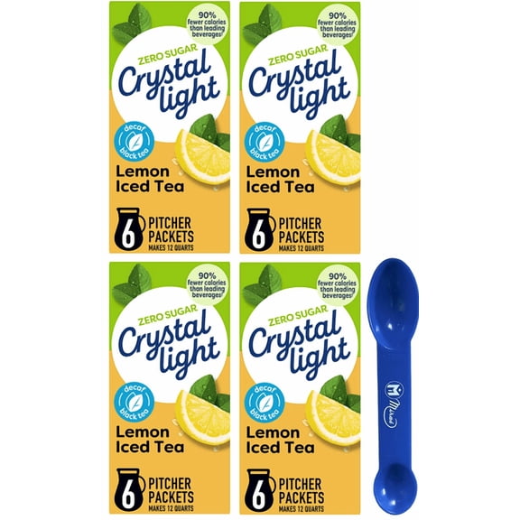 (Pack of 4) Crystal Light Decaf Lemon Iced Tea Sugar Free Drink Mix, 6 ct Pitcher Packets (2in1 Miras Trademark Measuring Spoon Included)