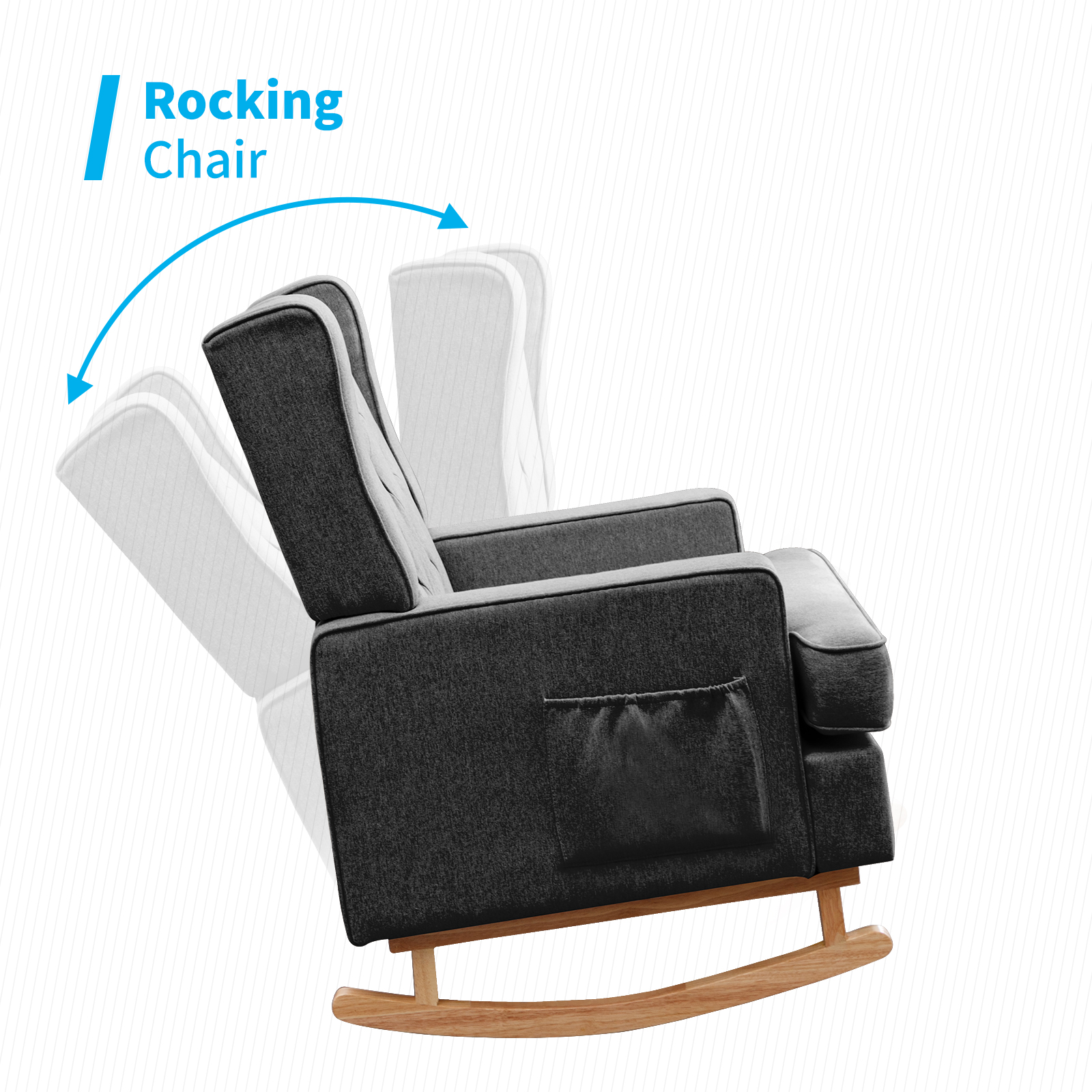 BALUS Modern Rubberwood Linen Rocking Accent Chair with Side Pocket, Dark Grey