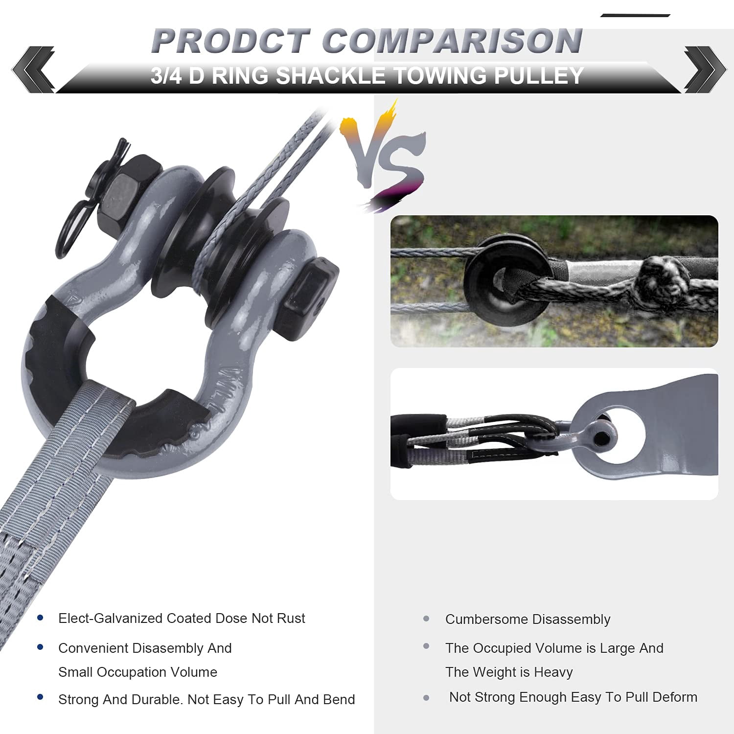 AMBULL Upgraded Snatch Block, 3/4" D Ring Shackle (2 Pack) 22,000lb Break Strength with Towing Pulley, Heavy Duty Offroad Recovery Accessory for Truck, Tractor, ATV & UTV - Gray