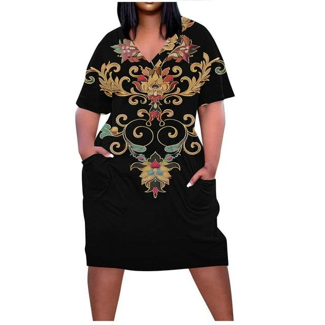 Pisexur Robes d'Été pour Femmes Mode à Imprimé Floral Robe Soleil Décontractée Ample à Col en V à Manches Courtes Robes T-Shirt Fluides Surdimensionnées Robe de Plage avec Poches Grande Taille Robe Mi-Mollet L-5TG