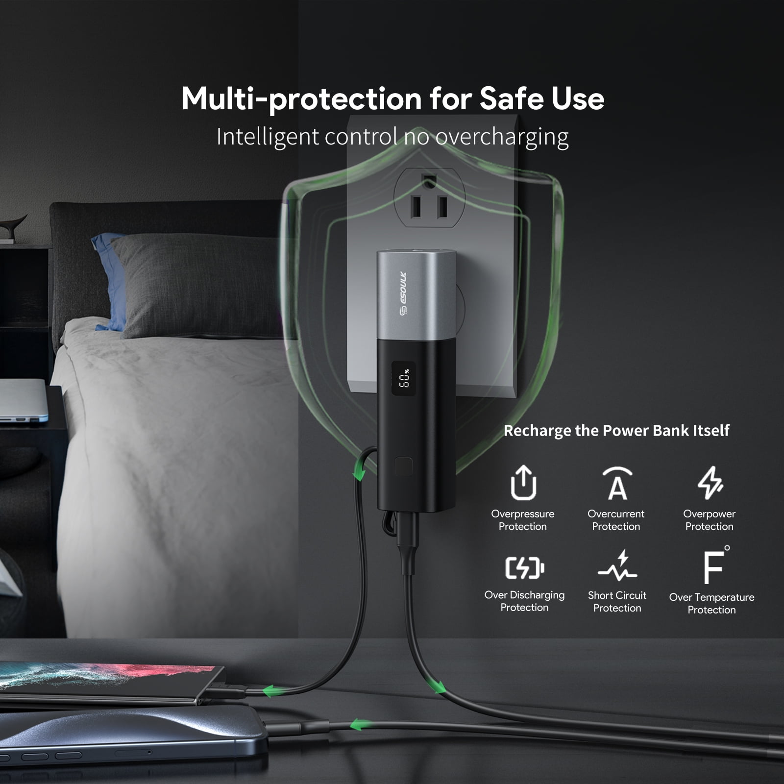 For Samsung Galaxy A16 5G 5000mAh PD 20W Built-in Foldable AC Wall Plug and USB Portable Power Bank Charger