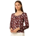 thumbnail image 1 of Blusa Allegra K de mujer cuello vuelto manga larga floral vintage borgoña M, 1 of 6