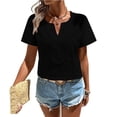 thumbnail image 5 of Yeaiivve Cotton Linen Shirts for Women Hollow Embroidered V Neck Tops Casual Short Sleeve Textured T-Shirts Lightweight Loose Gauze Tunic Tops Black,L, 5 of 6