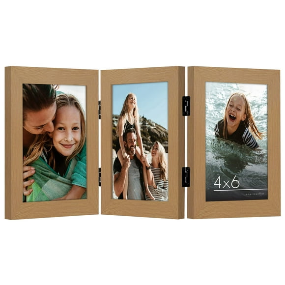 Americanflat Hinged 3 Photo Frame In Oak Mdf - Desk Photo Frame For 4X6"" Photos - Tri Folding Picture Frame For Desk - Displays 3 Photos With Shatter-Resistant Glass Covers