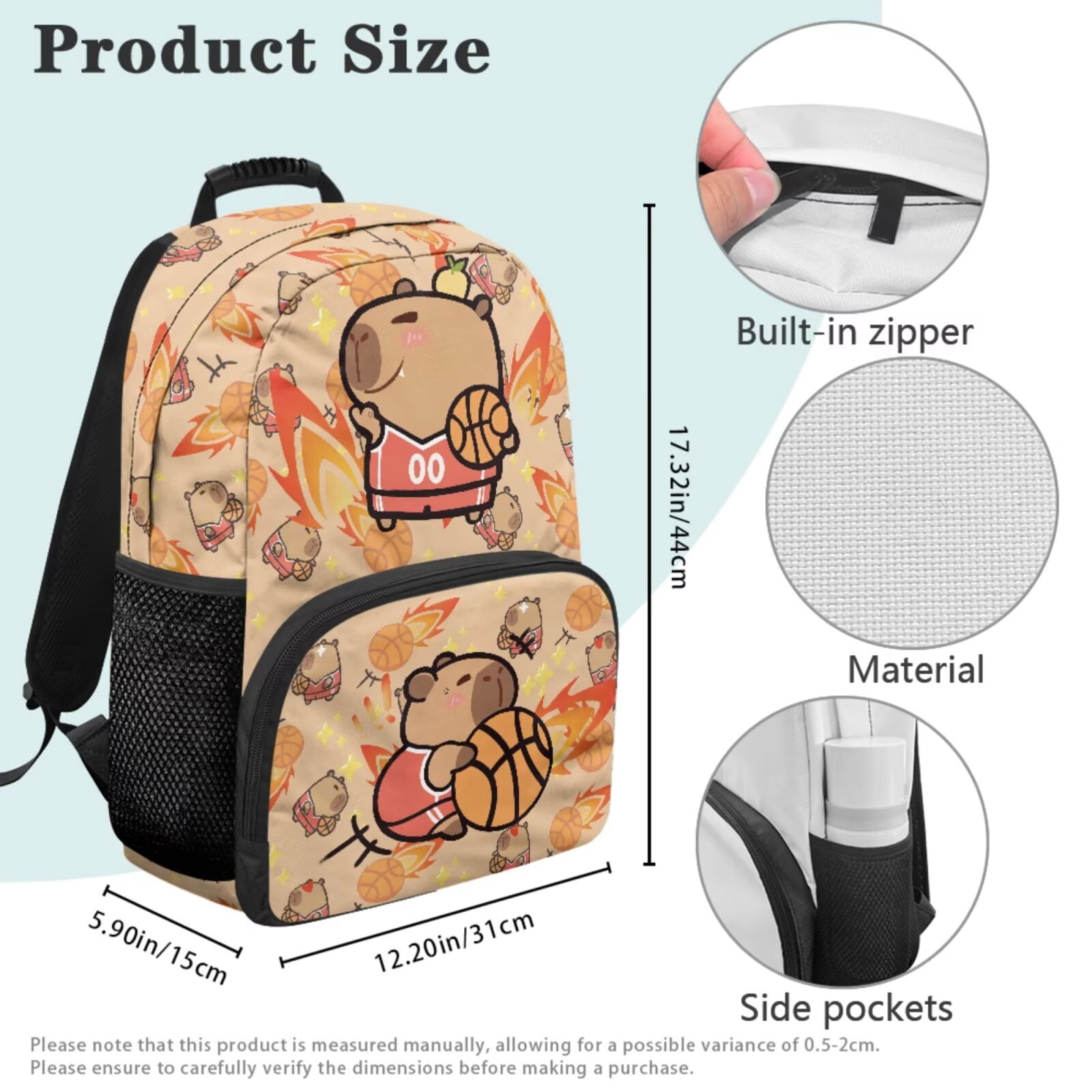 Pzuqiu Basketball Capybara School Backpack for Girls 4 pcs Backpacks with Lunch Bag Pencil Box Set 17 Inch Large Travel School Bag for Girls Camping Rucksack Casual Daypack