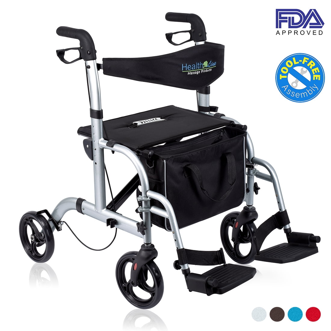 Hot Sale Health Line 2 In 1 Rollator Transport Chair W Paded Seatrest Reversible Backrest And Detachable Footrests Silver White Walmart Com Walmart Com