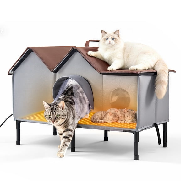 VEVOR Elevated Heated Cat House 35W Insulated Kitty Shelter with Heated Pad, for Indoor Outdoor Winter Use, Double-Door & Private Side Curtain, Waterproof Weatherproof Stray Feral Shelter for Outside