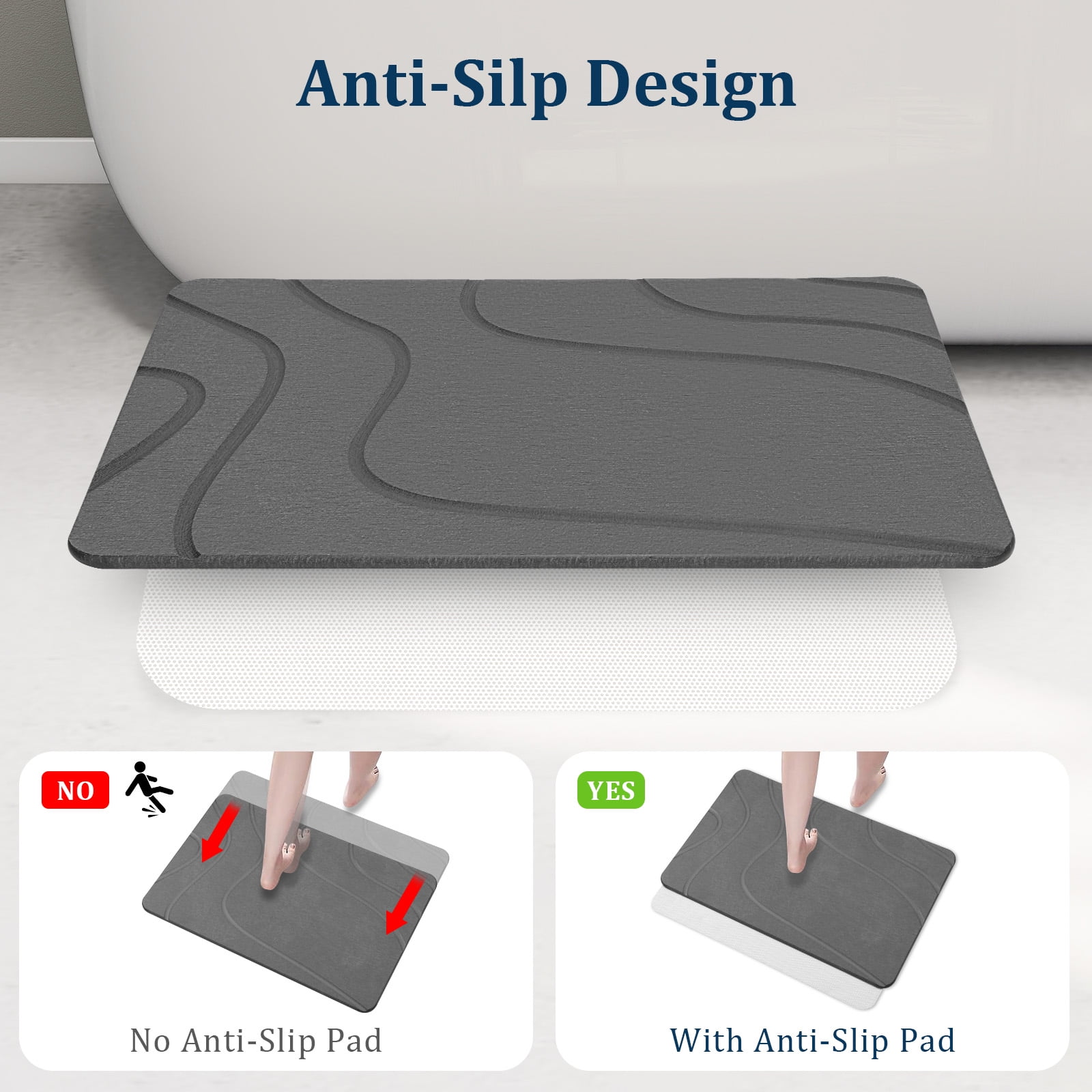 LIZEVINC Non-Slip Diatomaceous Earth Stone Bath Mat – Super Absorbent Quick Dry Diatomite Shower Mat for Bathroom Floor, Fast Drying Bathroom Mat, 23.6" x 15.4", Deep Gray