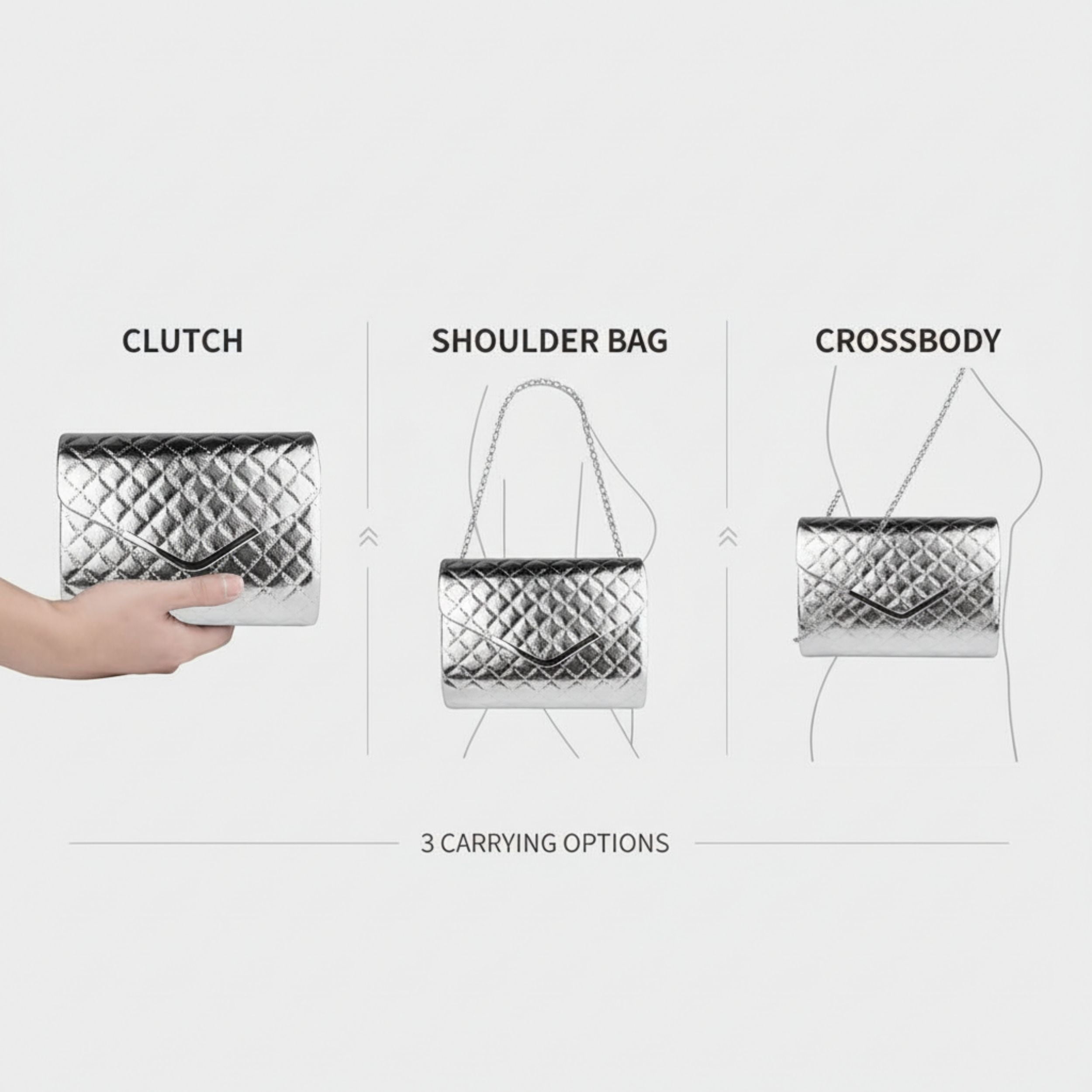 Quilted Texture Clutch Bag with Silver Chain Shoulder Strap for Women Travel Organization