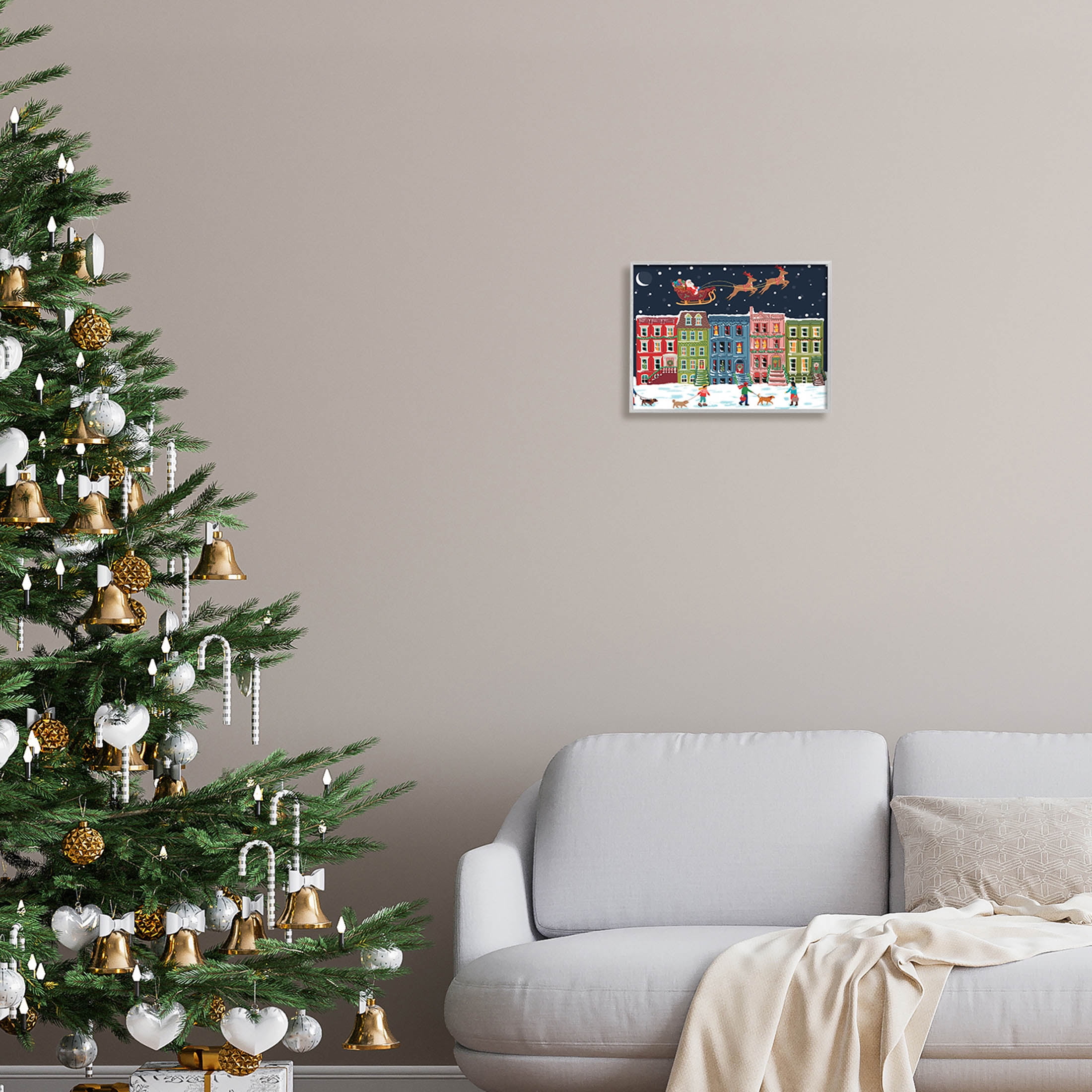 Snowy Christmas Town Santa Overhead Holiday Graphic Art Gray Framed Art Print Wall Art